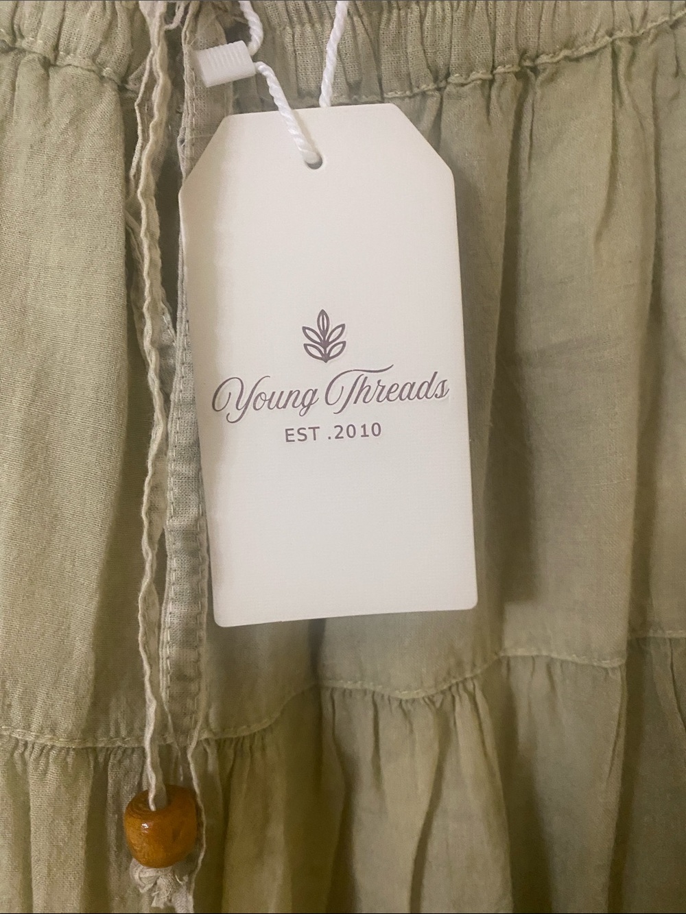 NWT Young Threads Sage Green Tiered Midi Skirt Lace Trim Cotton Large - Picture 2 of 8